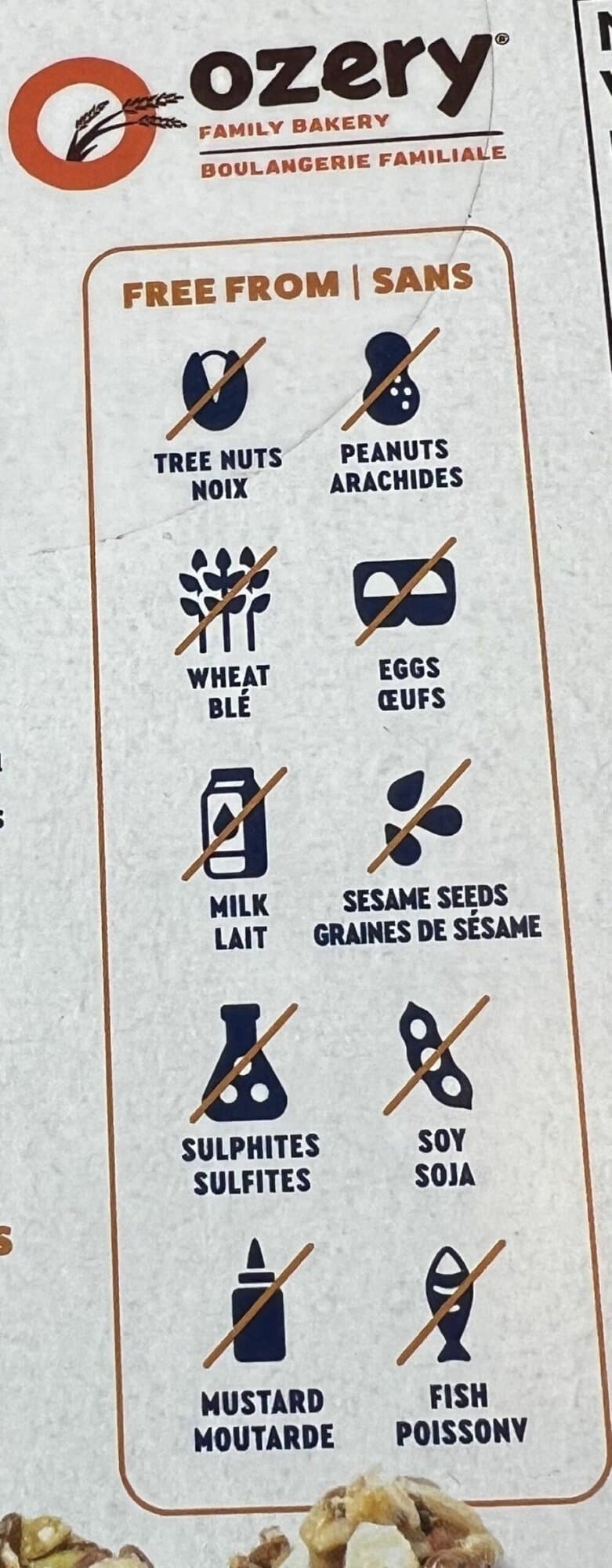 Image of the box of clusters showing the clusters are tree nut free, peanut free, wheat free, egg free, milk free, sesame seed, sulphite and soy free. 