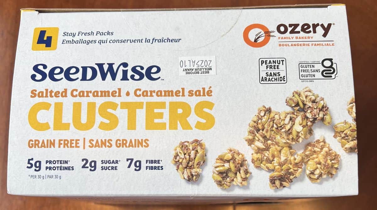 Top down image of the Costco Ozery Bakery Seedwise Clusters showing that it's peanut free and gluten free and has four packs. 