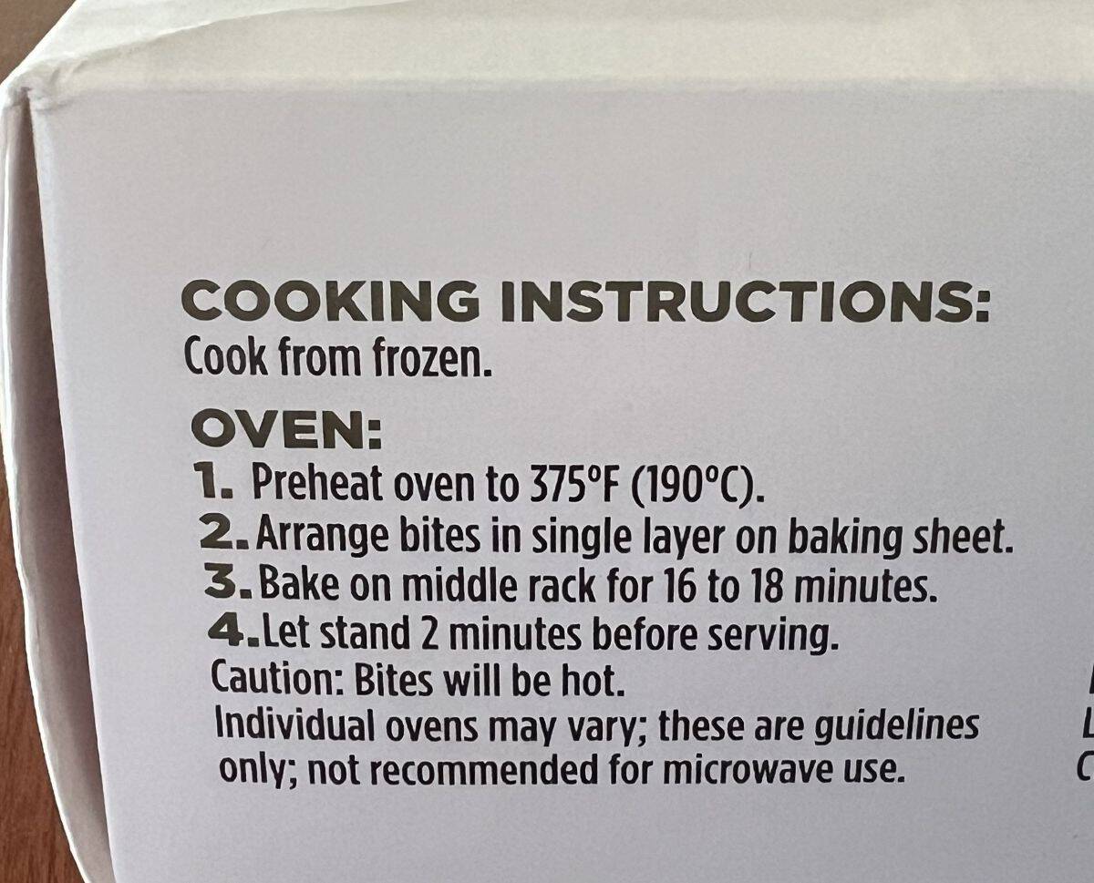 Image of the cooking instructions for the spinach & artichoke bites from the back of the box.