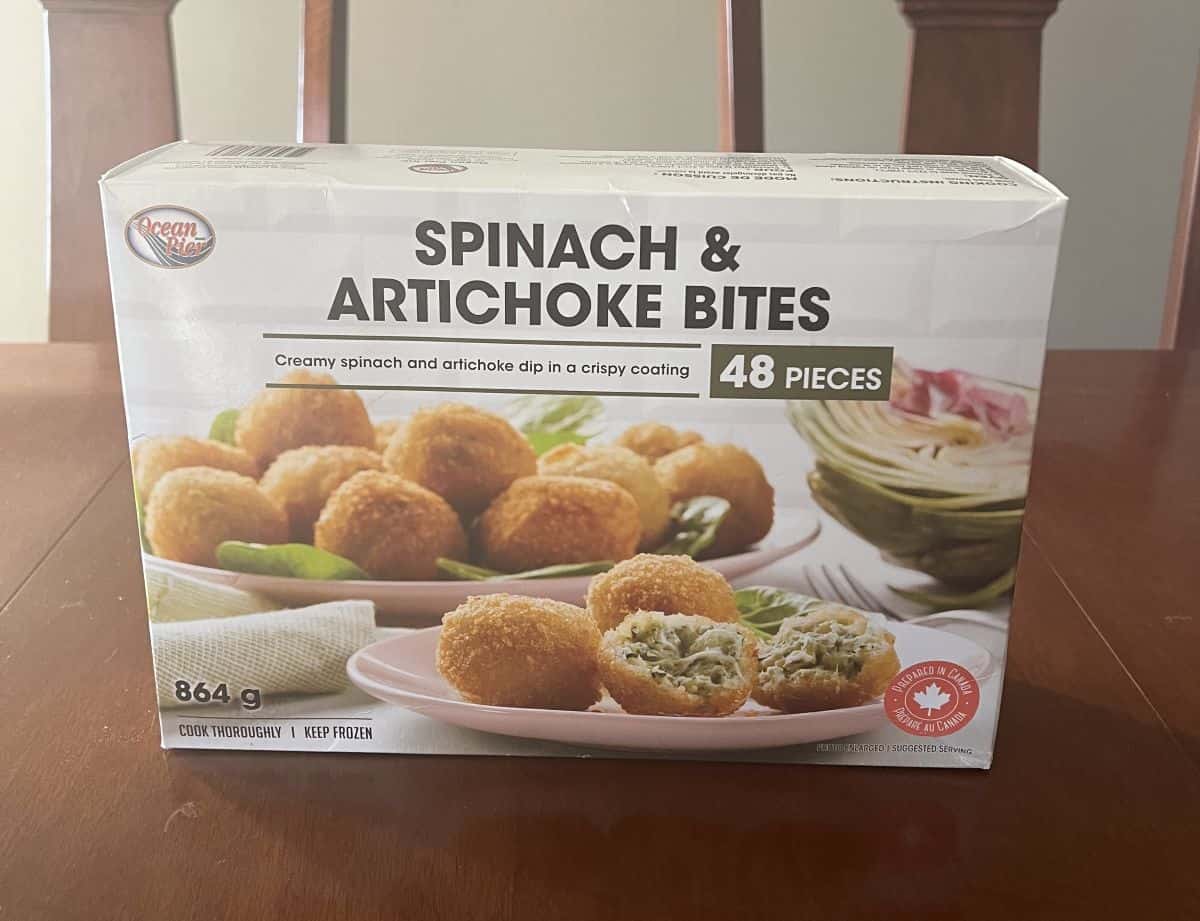 Image of the Costco Ocean Pier Spinach & Artichoke Bites box sitting on a table unopened.