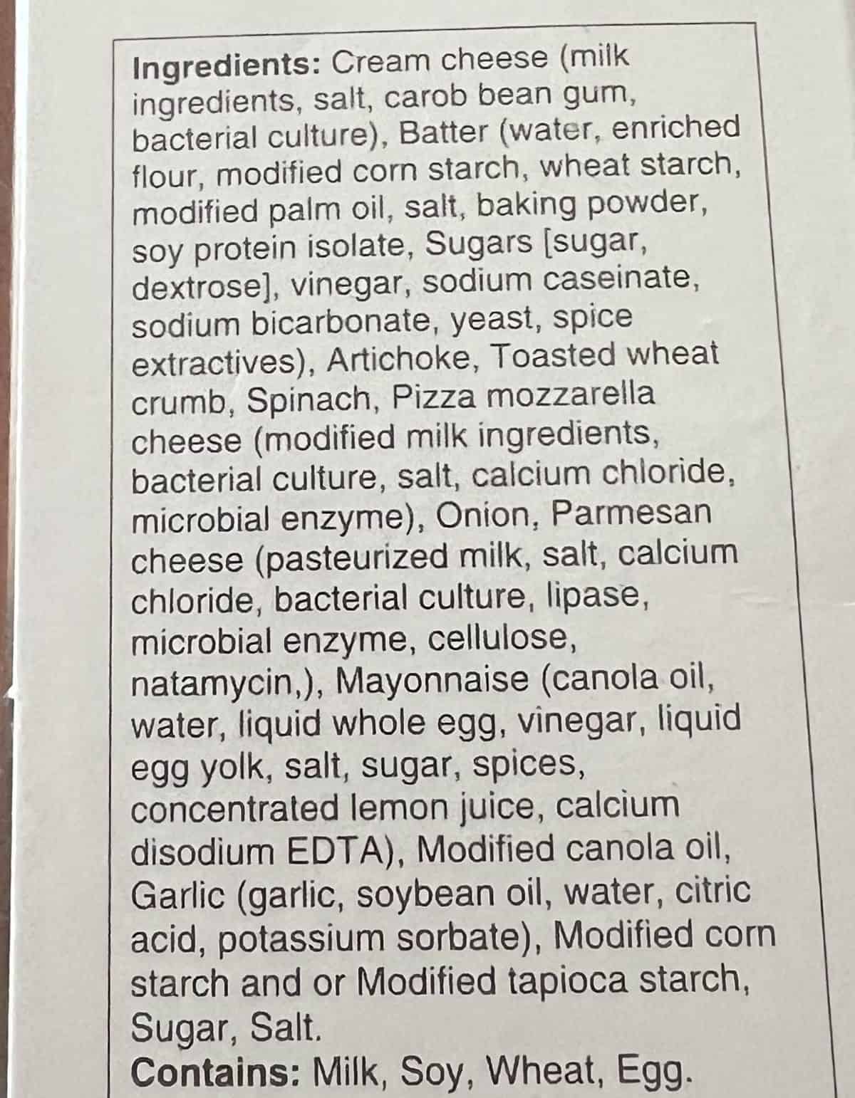 Image of the ingredients list for the spinach & artichoke bites from the back of the box.