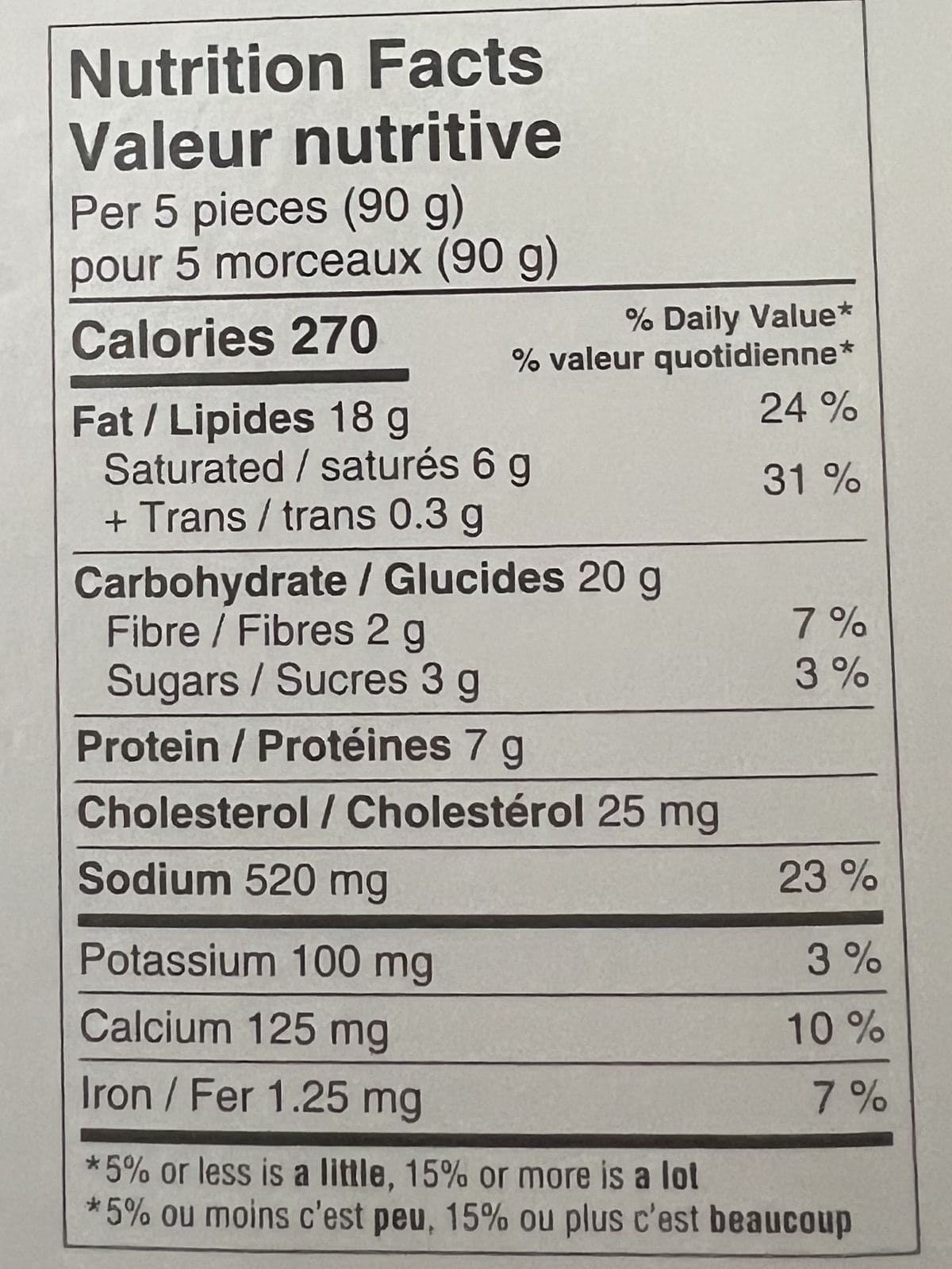 Image of the nutrition facts for the spinach & artichoke bites from the back of the box.