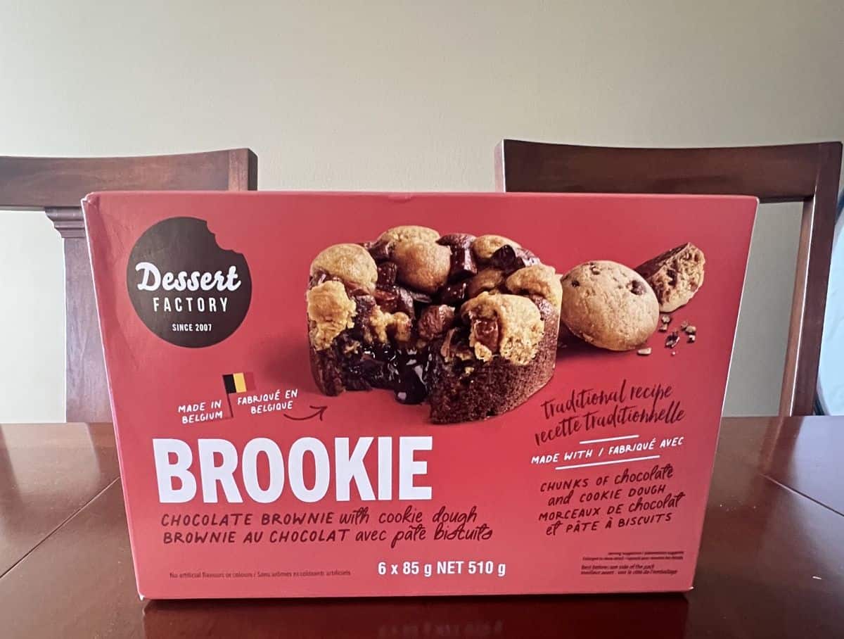 Image of the Costco Dessert Factory Brookie box sitting on a table unopened.