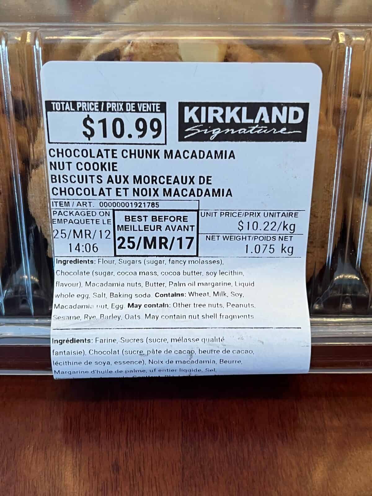 Closeup image of the front label on the cookies showing best before date, cost, and ingredients. 