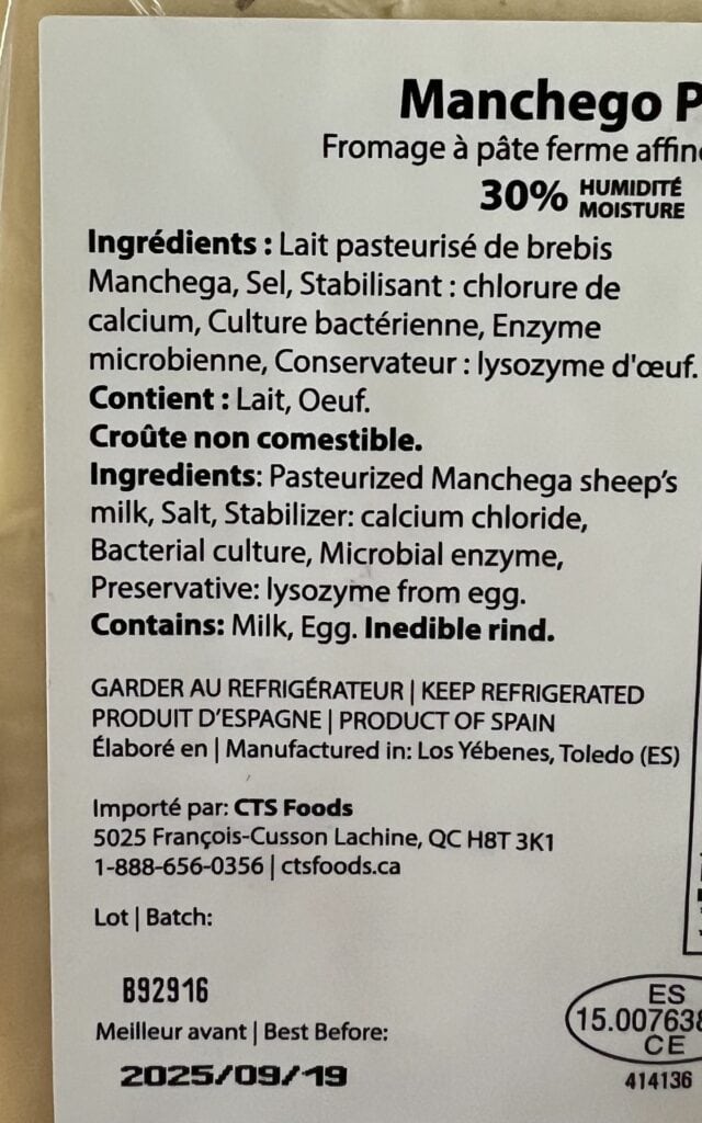 Image of the ingredients for the manchego from the back of the package. 