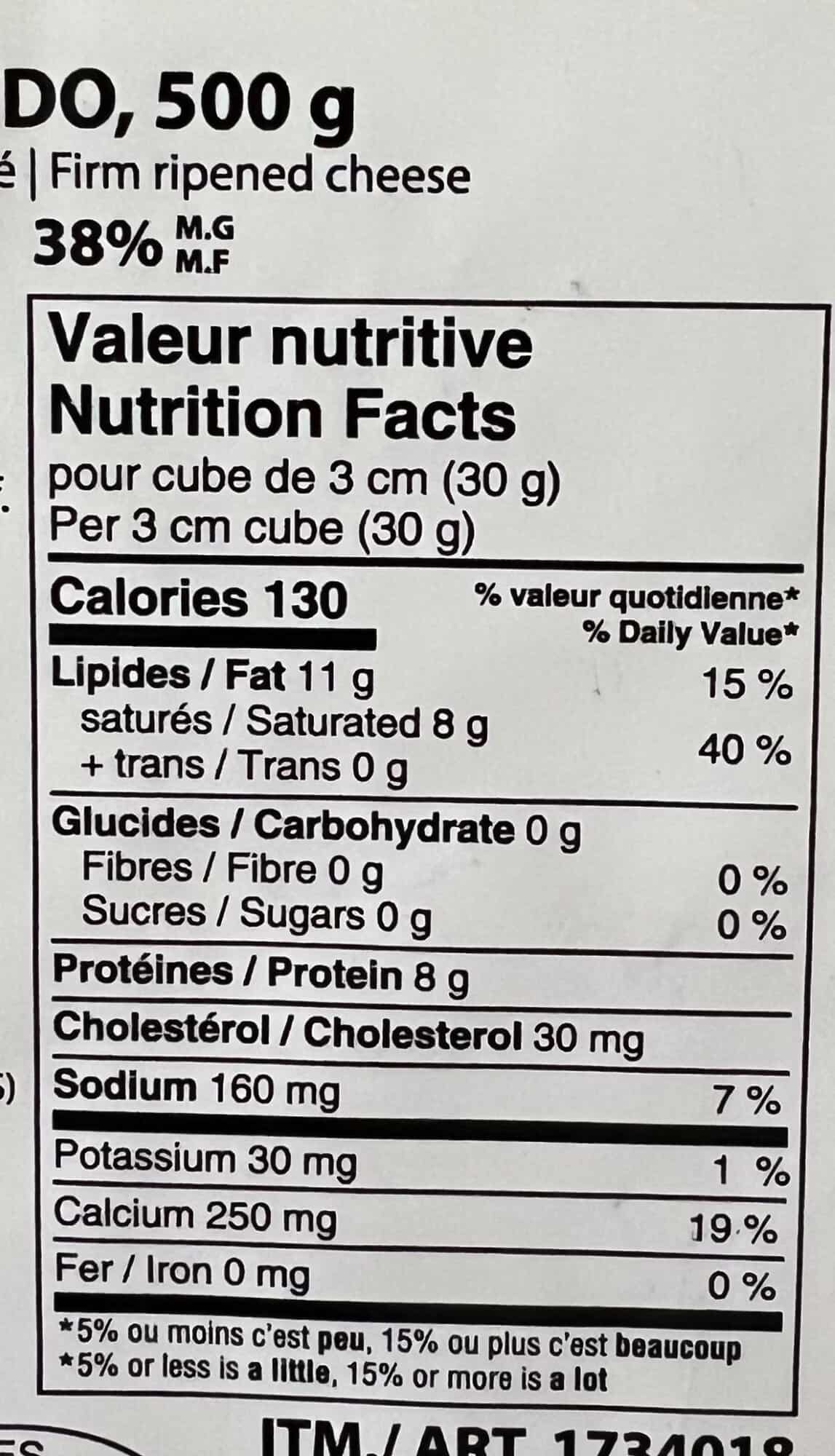 Image of the nutrition facts for the manchego from the package.