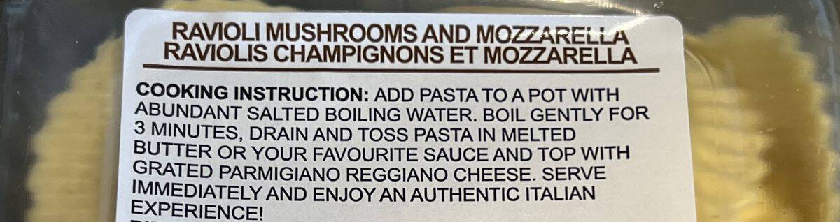 Image of the cooking instructions for the ravioli from the package.