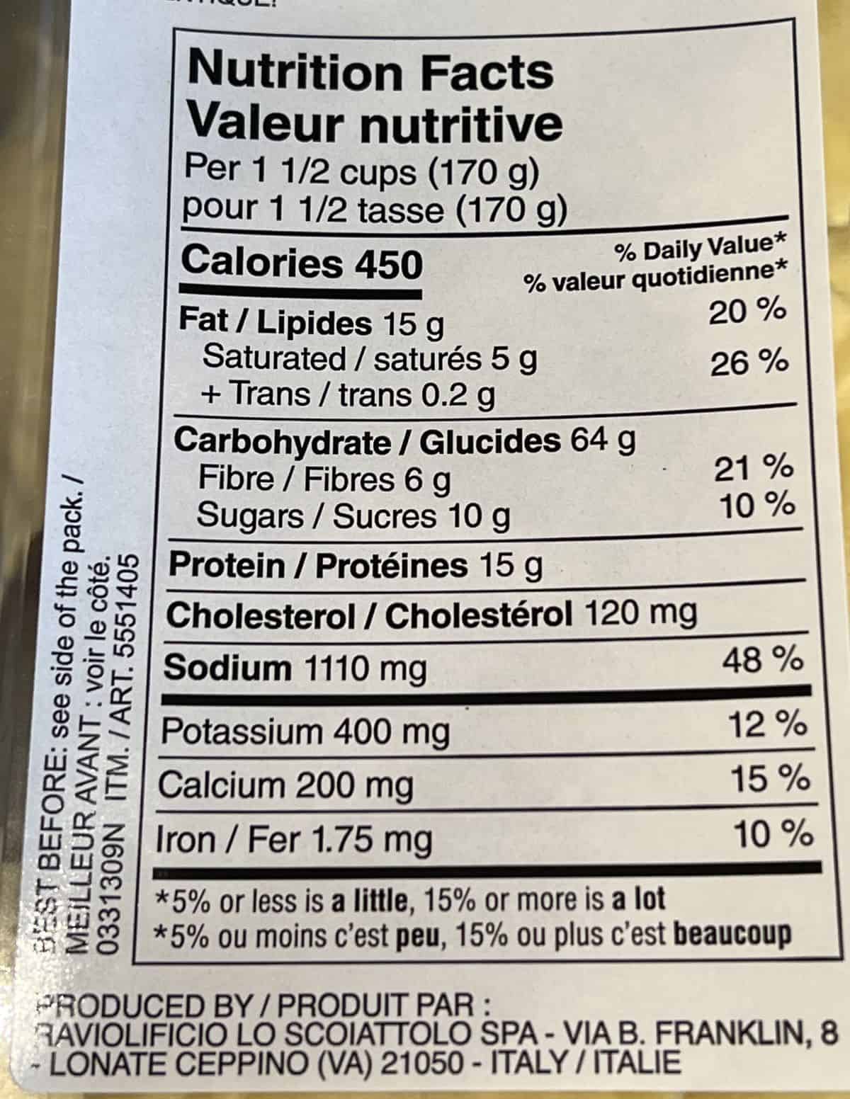 Image of the nutrition facts for the ravioli from the back of the package.