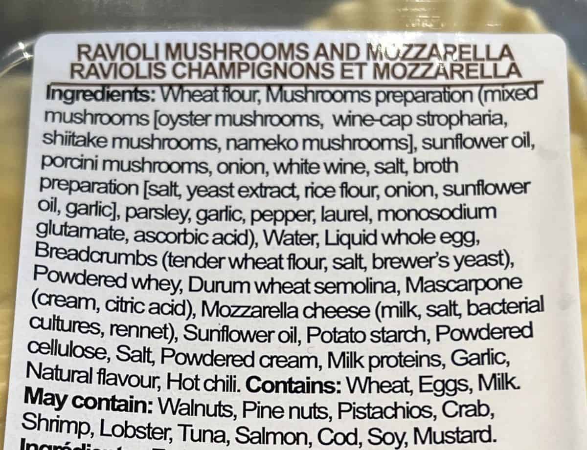 Image of the ingredients for the ravioli from the back of the package.