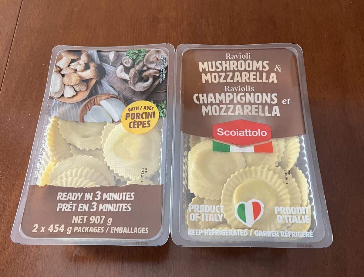 Image of the Costco Scoiattolo Ravioli Mushrooms & Mozzarella package unopened sitting on a table.