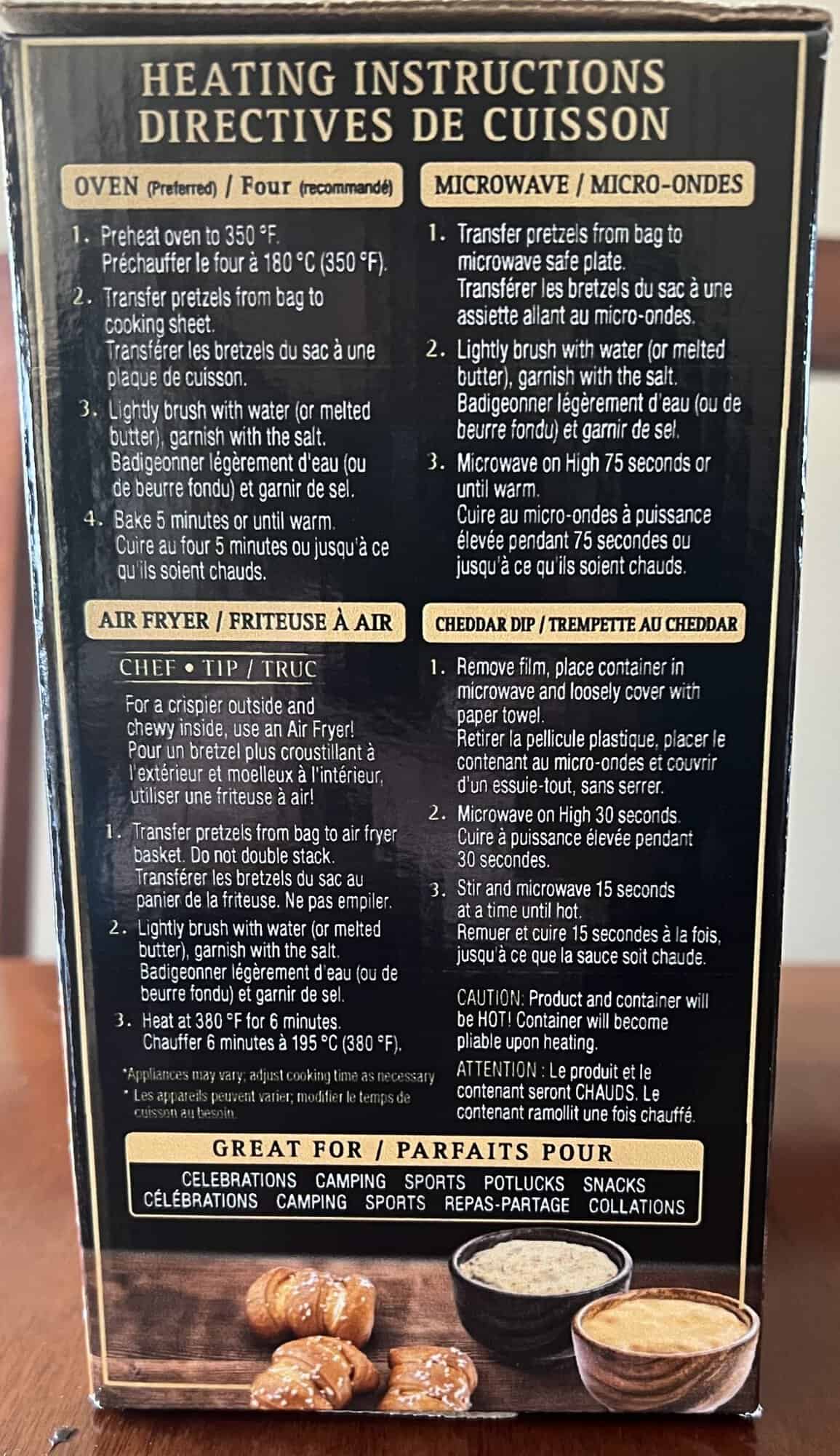 Image of the heating instructions for the pretzel bites from the back of the box.