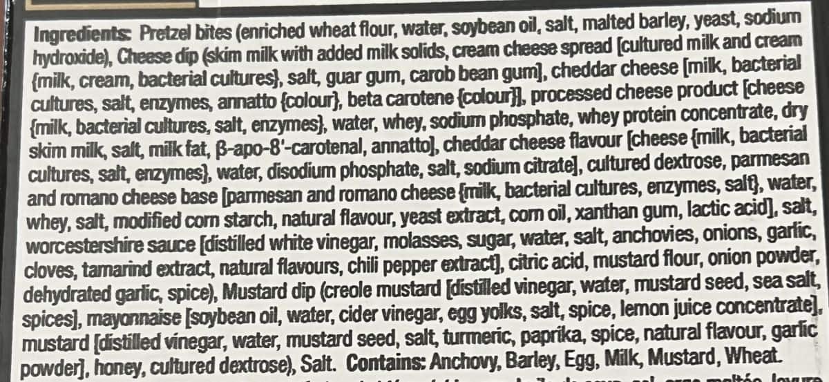 Image of the ingredients list for the pretzel bites from the back of the box.