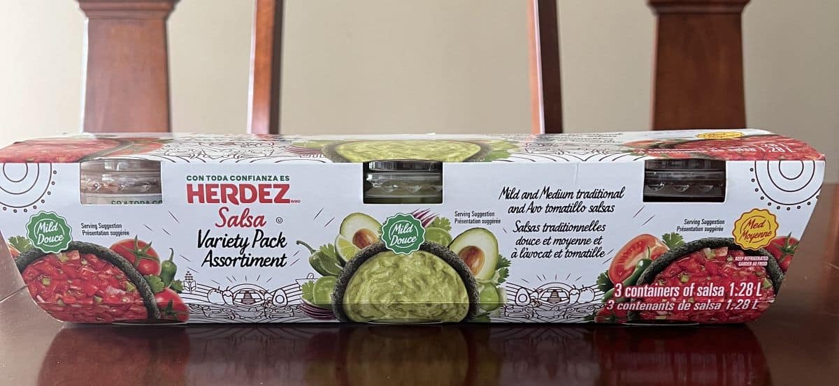 Image of the Costco Herdez Salsa Variety Pack sitting on a table unopened.