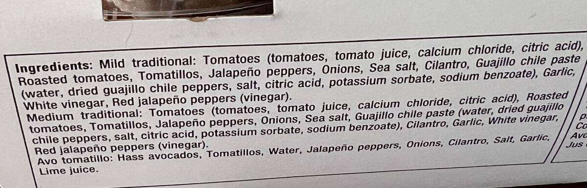 Image of the ingredients for the salsa from the back of the package. 