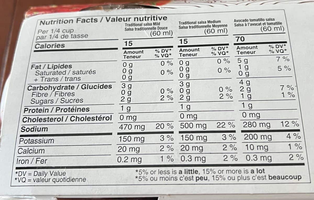 Image of the nutrition facts for the salsa from the back of the package.